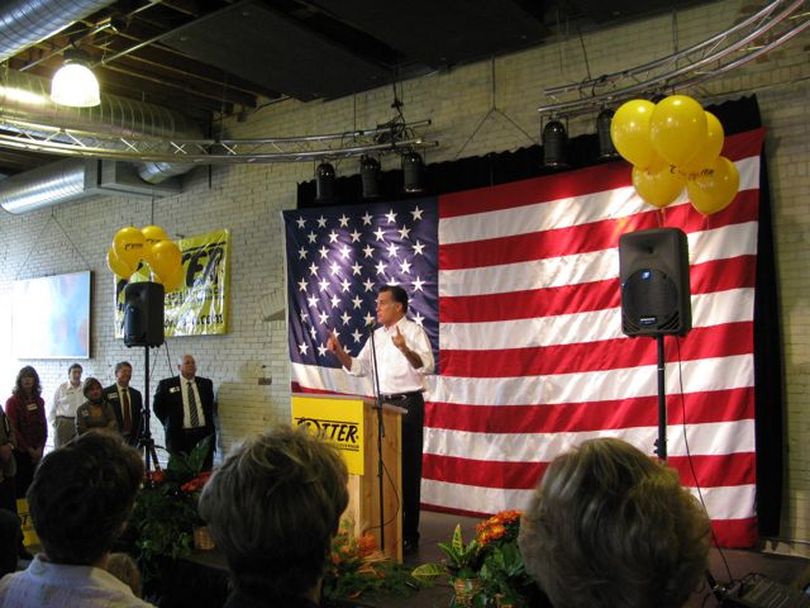 Former presidential candidate Mitt Romney speaks in Boise on Wednesday at a rally for Idaho Gov. Butch Otter's re-election campaign. (Betsy Russell)