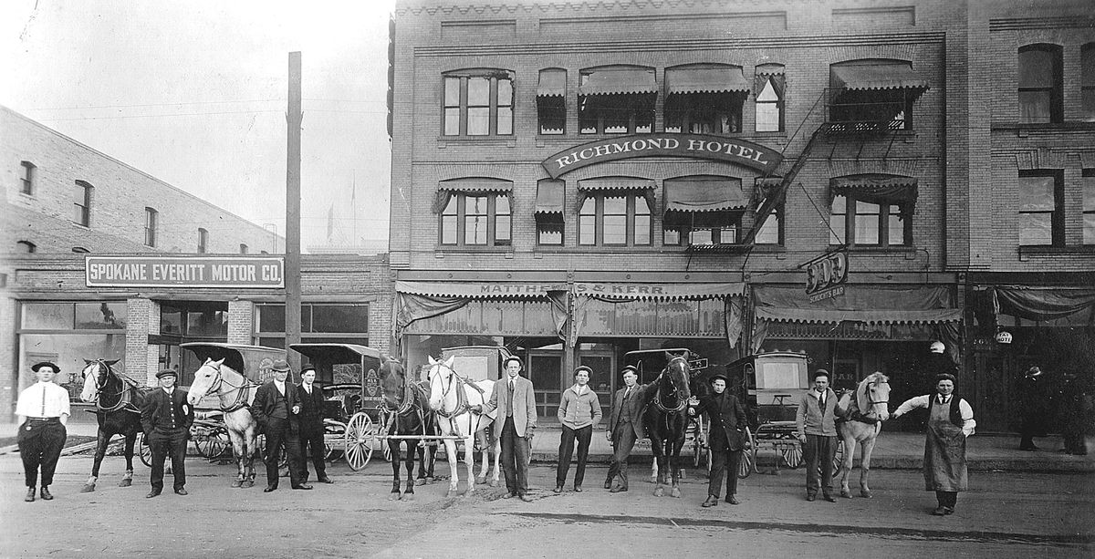 Circa 1905: The delivery wagons of Matthews and Kerr, a coffee, tea and spice merchant, line up outside the Mearow building. Matthews and Kerr later moved, and the Mearow became better known as the home of Bell Furniture and later Sylvan Furniture.