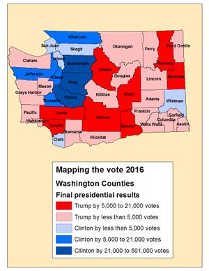 Donald Trump won more counties in Washington state in the 2016 election, but Hillary Clinton won more votes. (Jim Camden/The Spokesman-Review)