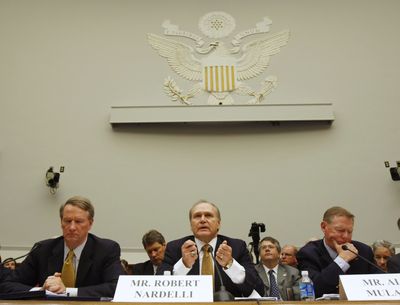 Auto industry executives, from left, General Motors CEO Richard Wagoner; Chrysler CEO Robert Nardelli; and Ford CEO Alan Mulally, testify before the House Financial Services Committee on Wednesday.  (Associated Press / The Spokesman-Review)
