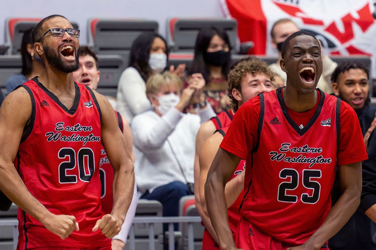 Eastern Washington’s Linton Acliese III, left, and George Imhotep react during last Saturday’s 76-71 win at Washington State.  (Geoff Crimmins/FOR THE SPOKESMAN-REVIEW)