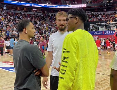 Former Gonzaga players Jalen Suggs (left), Domantas Sabonis (middle) and Rui Hachimura (right) meet after an NBA Summer League game in Las Vegas.  (Theo Lawson / The Spokesman-Review)