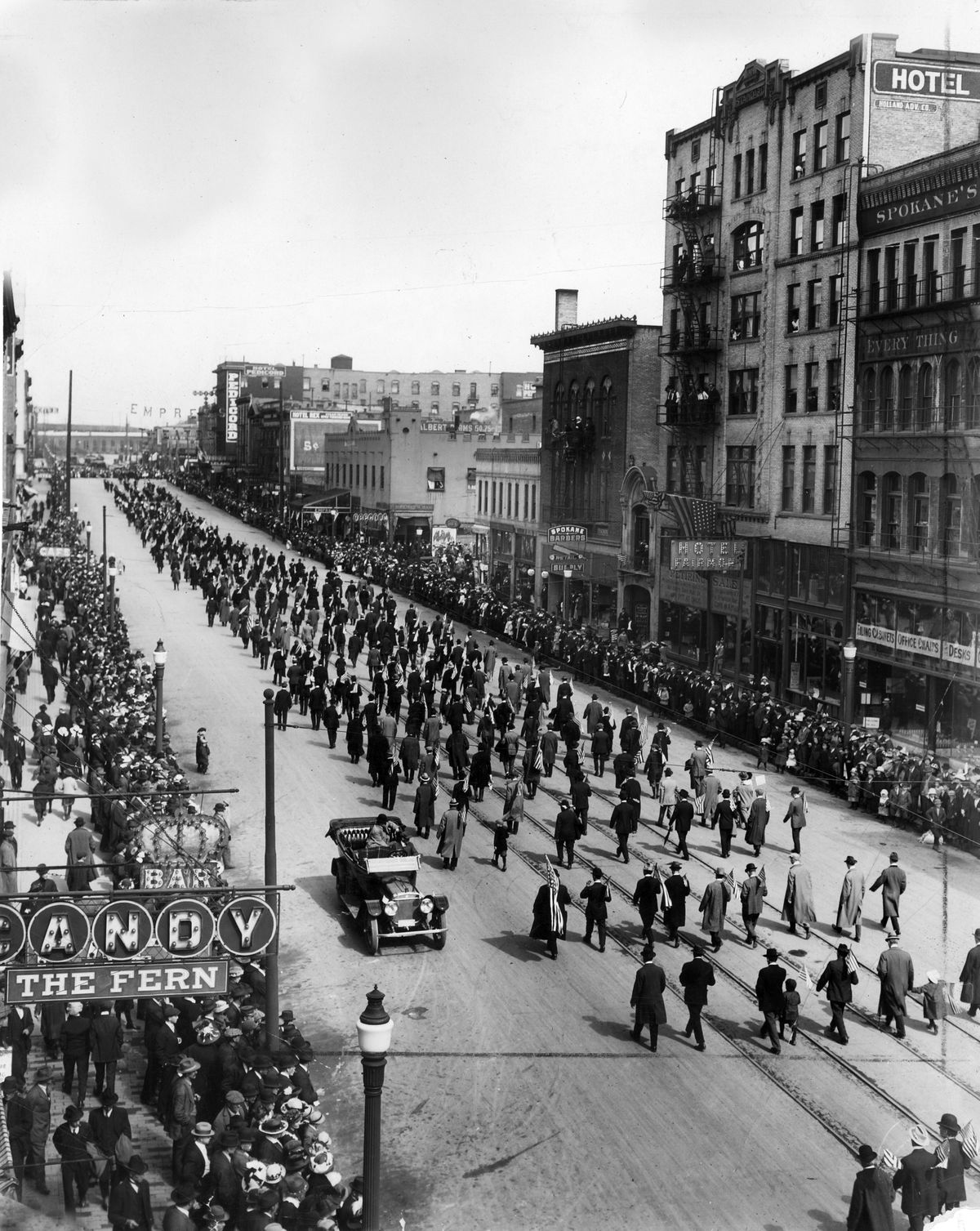 May 30, 1916: More than 3,150 local businessmen and professional men march through downtown Spokane in the Memorial Day Preparedness Parade. The parade was held to show enthusiasm for national defense preparedness.