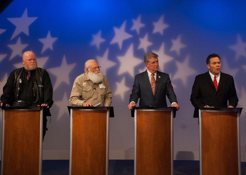 From left, Harley Brown, Walter Bayes, Gov. Butch Otter and Sen. Russ Fulcher debate on live TV on Wednesday night (Idaho Public TV)