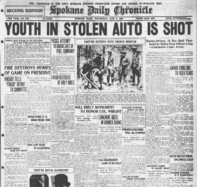 Horace Switzer was shot by a Spokane police officer who was chasing a stolen car, the Spokane Daily Chronicle reported on June 9, 1926. He told police he was trying to get the driver to stop.  (Spokesman-Review archives)
