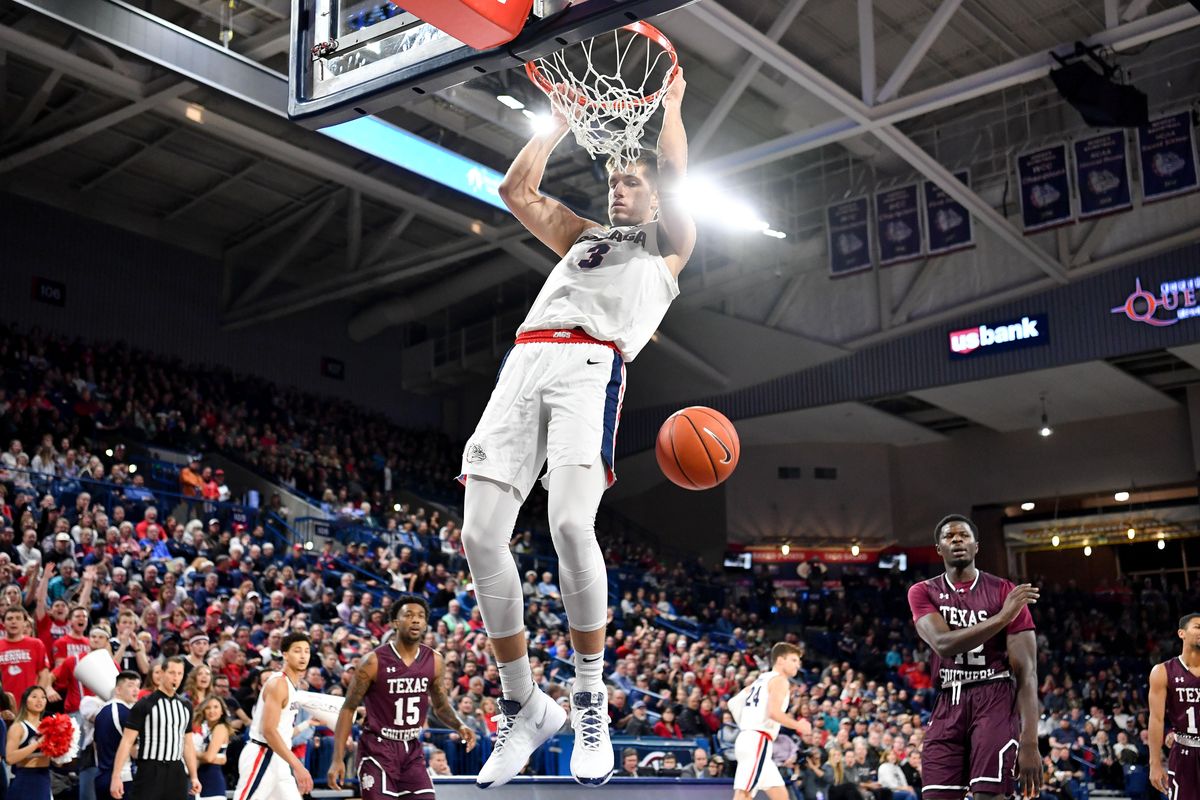 Gonzaga Bulldogs forward Filip Petrusev (3) dunks the ball against the Texas Southern Tigers during the first half of a college basketball game on Wednesday, December 4, 2019, at McCarthey Athletic CenterAthletic Center in Spokane, Wash. (Tyler Tjomsland / The Spokesman-Review)