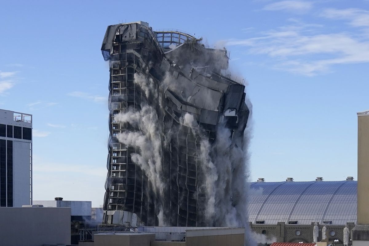 The former Trump Plaza casino is imploded on Wednesday, Feb. 17, 2021, in Atlantic City, N.J. After falling into disrepair, the one-time jewel of former President Donald Trump