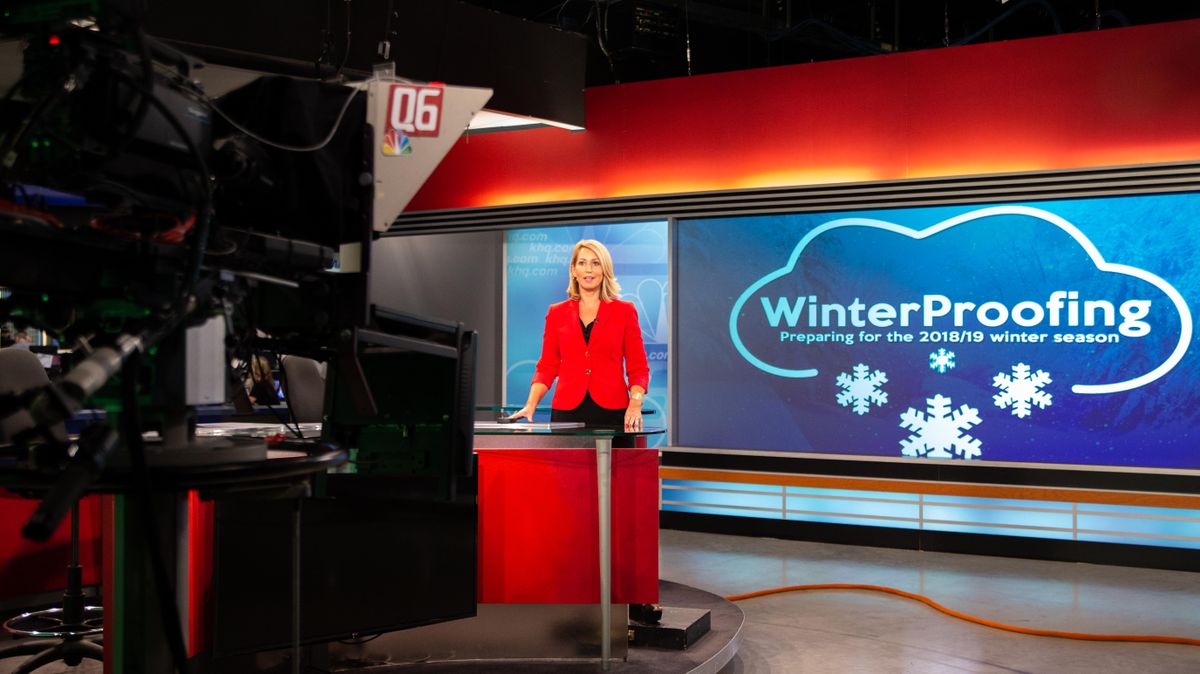 Leslie Lowe, KHQ’s chief forecaster, records "in and outs," pre-recorded tidbits for the nightly news. (Libby Kamrowski / The Spokesman-Review)
