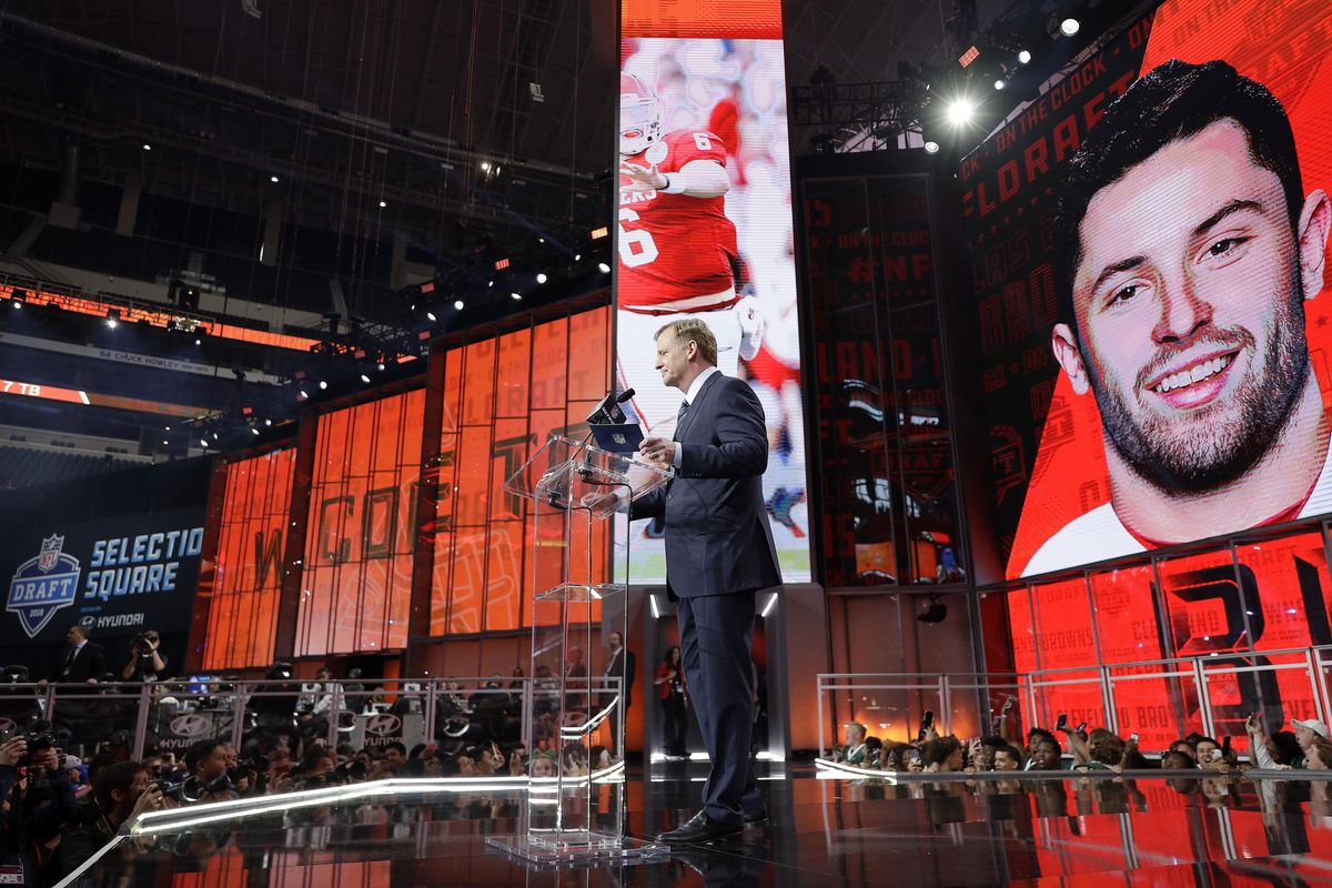 Commissioner Roger Goodell speaks at the podium after the Cleveland Browns selected Oklahoma