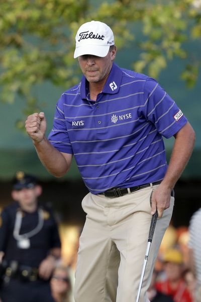 Steve Stricker reacts after completeing a well-earned par on No. 18 during the third round of the U.S. Open Saturday. (Associated Press)