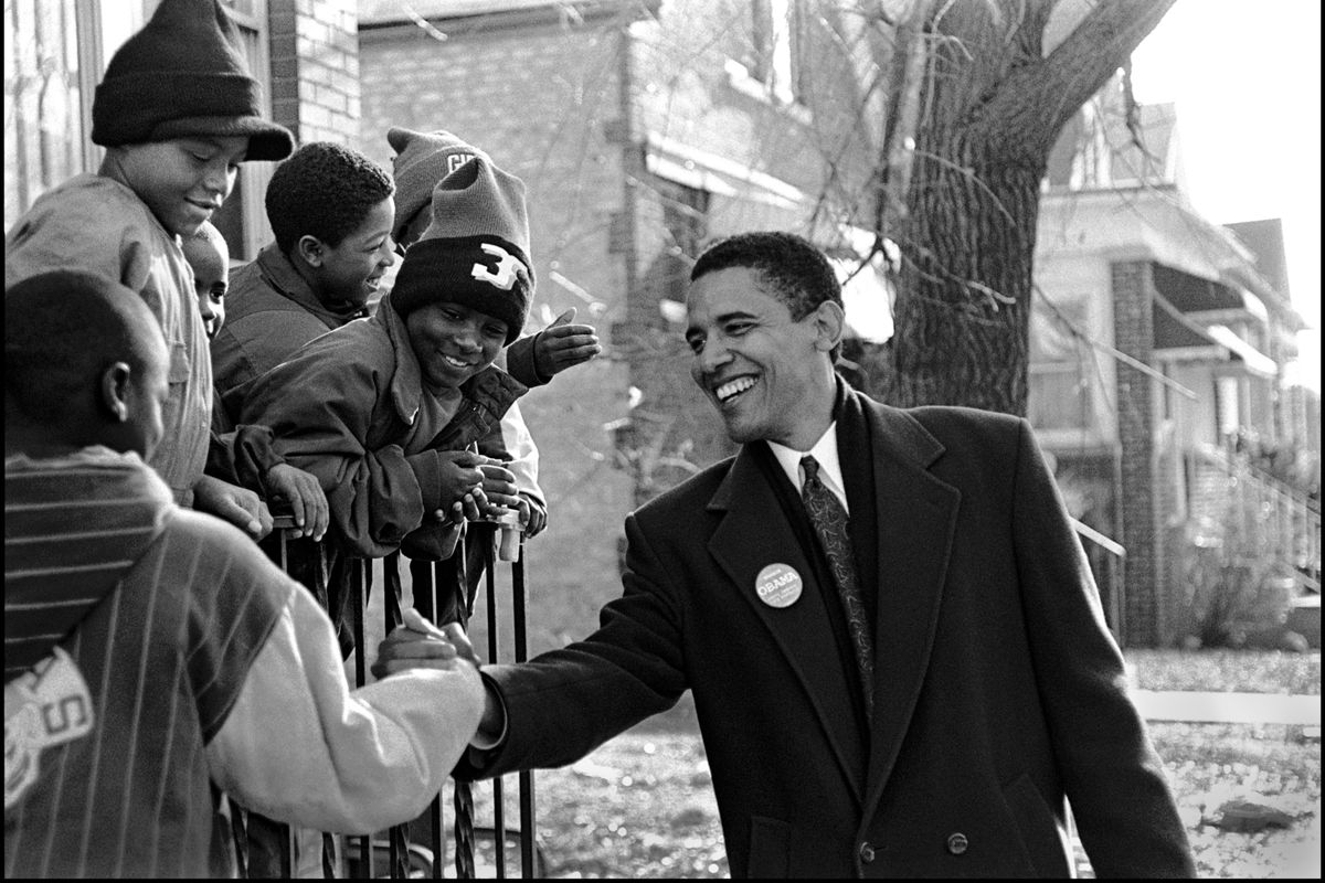 Barack Obama campaigns for the Illinois state Senate in 1995 in “Obama: In Pursuit of a More Perfect Union.”  (Marc Pokempner/HBO)