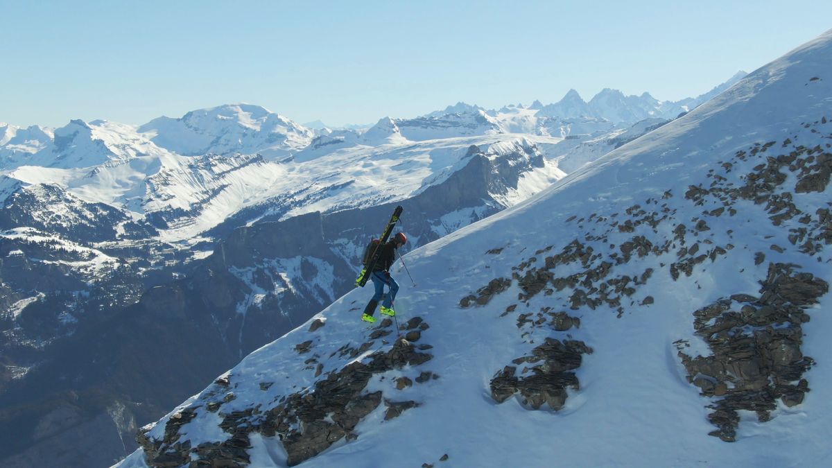 Pictured at left: Matthias Giraud hikes up a ridge in the Alps.  (Courtesy of Stefan Laude)