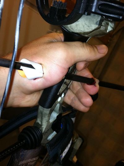 An anonymously distributed photo illustrates what can happen if a too-short arrow is drawn on a bow and released. (Anonymous)