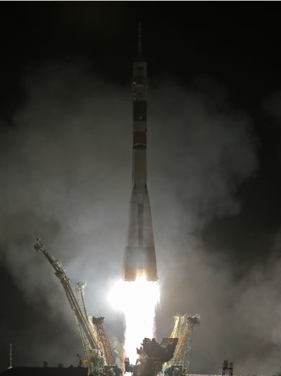 A Russian spacecraft blasts off today from Baikonur, Kazakhstan. (Associated Press)