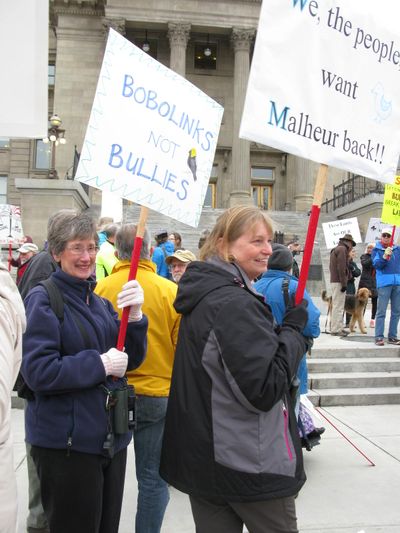 Bird-watchers protest at the state Capitol on Tuesday, protesting the armed occupation of an eastern Oregon wildlife refuge that's a popular destination for Boise birders (Betsy Z. Russell)