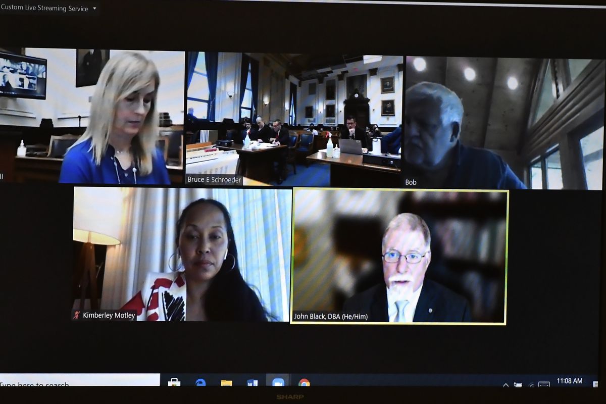 Expert witness John Black, bottom right, appears via video during a motion hearing, Tuesday, Oct. 5, 2021, in Kenosha, Wis., for Kyle Rittenhouse, who is accused of shooting three people during a protest against police brutality in Wisconsin last year.  (SEAN KRAJACIC)