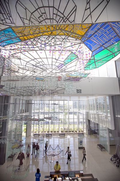 A glass-and-metal work by Ray King fills the lobby of University Medical Center New Orleans on Saturday, nearly 10 years after Hurricane Katrina flooded the city. (Associated Press)