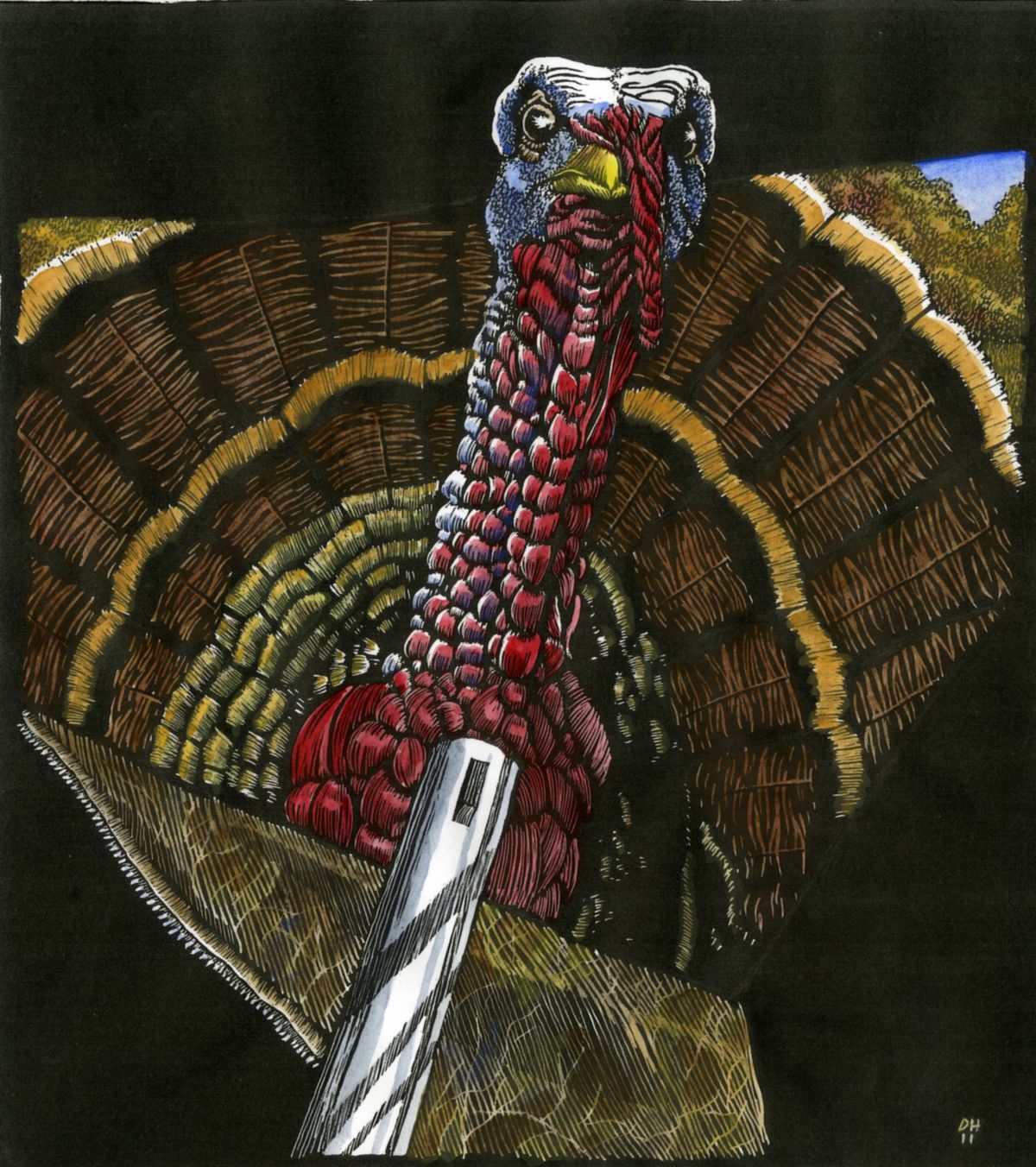 Outdoor writing contest illustration by Dale Hamilton for the 2011 winning story, "Frozen Turkey" by Kyle Hansen of West Valley High School. (Illustration by Dale Hamilton)