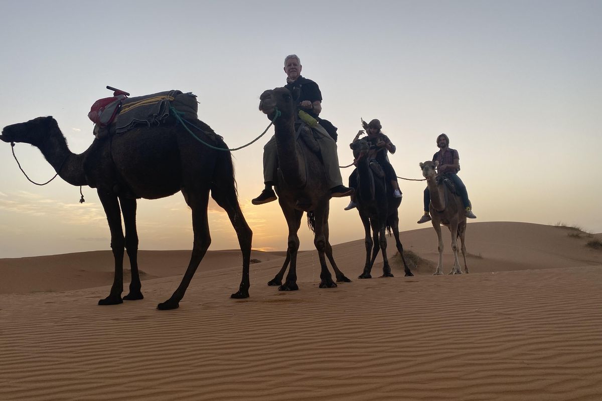 Three Americans ride camels in the fading sunlight through the Saharan dunes.