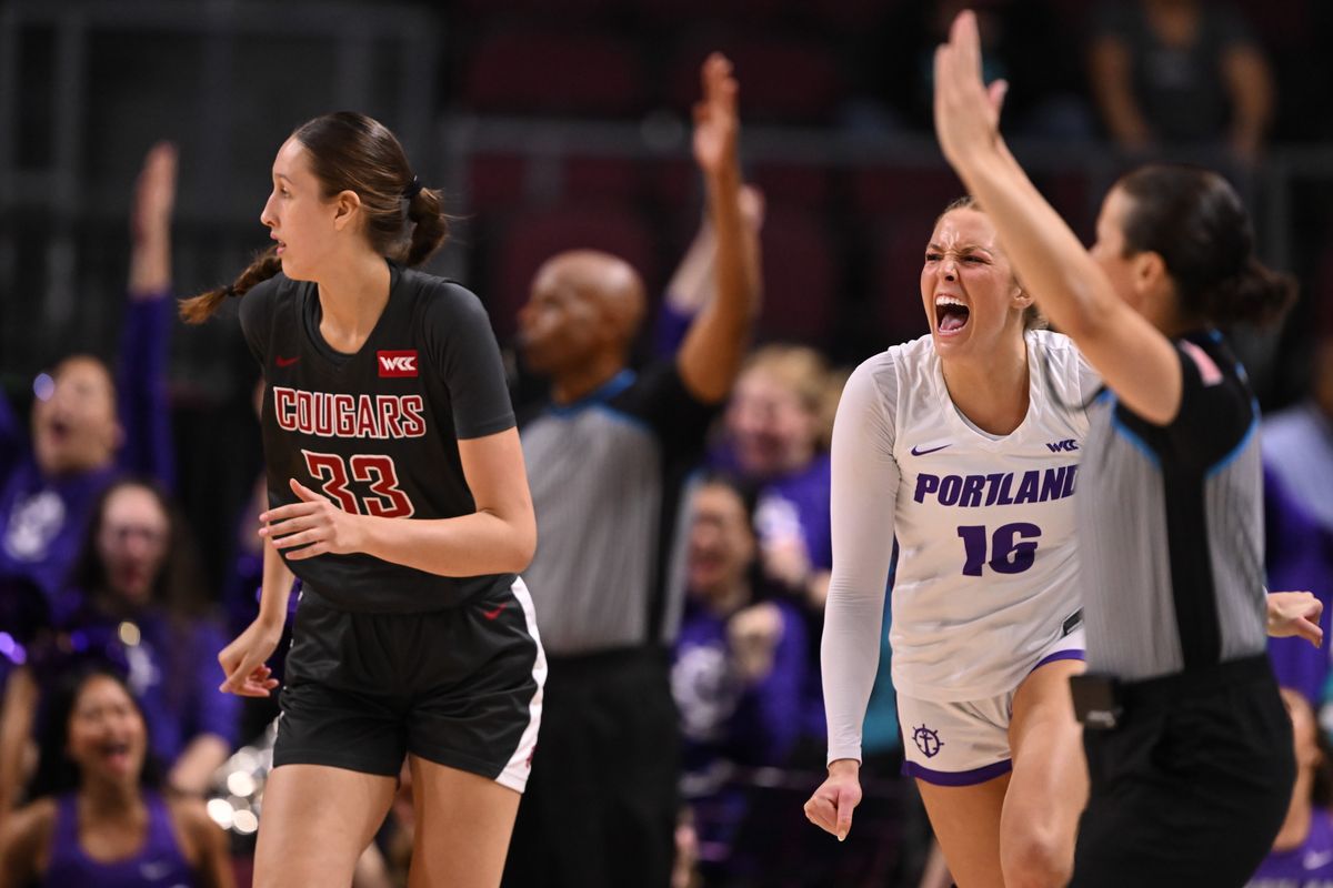 Portland Pilots forward Trista Hull (16) yells after scoring against Washington State Cougars center Alex Covill (33) during the second half of the WCC Tournament Semifinals on Monday, Mar. 10, 2025, at Orleans Arena in Las Vegas, Nev. The Portland Pilots won the game 72-53.  (Tyler Tjomsland/The Spokesman-Review)