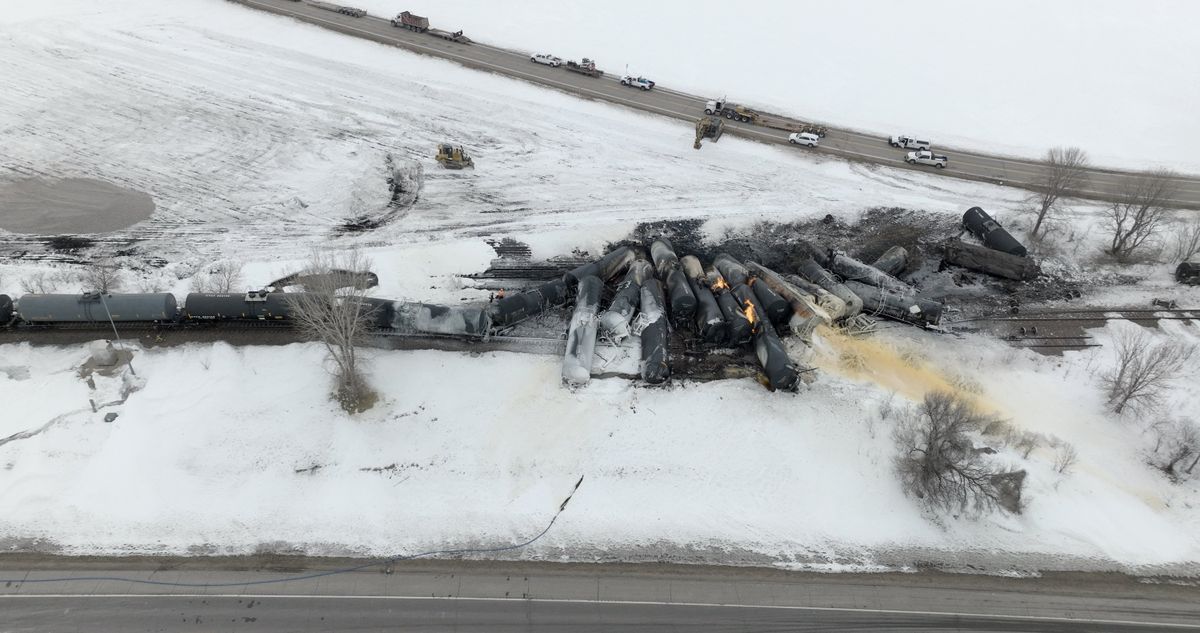A BNSF train carrying ethanol and corn syrup derailed and caught fire in the town of Raymond, Minnesota, early on Thursday, March 30, 2023.    (Mark Vancleave/Minneapolis Star Tribune/TNS)