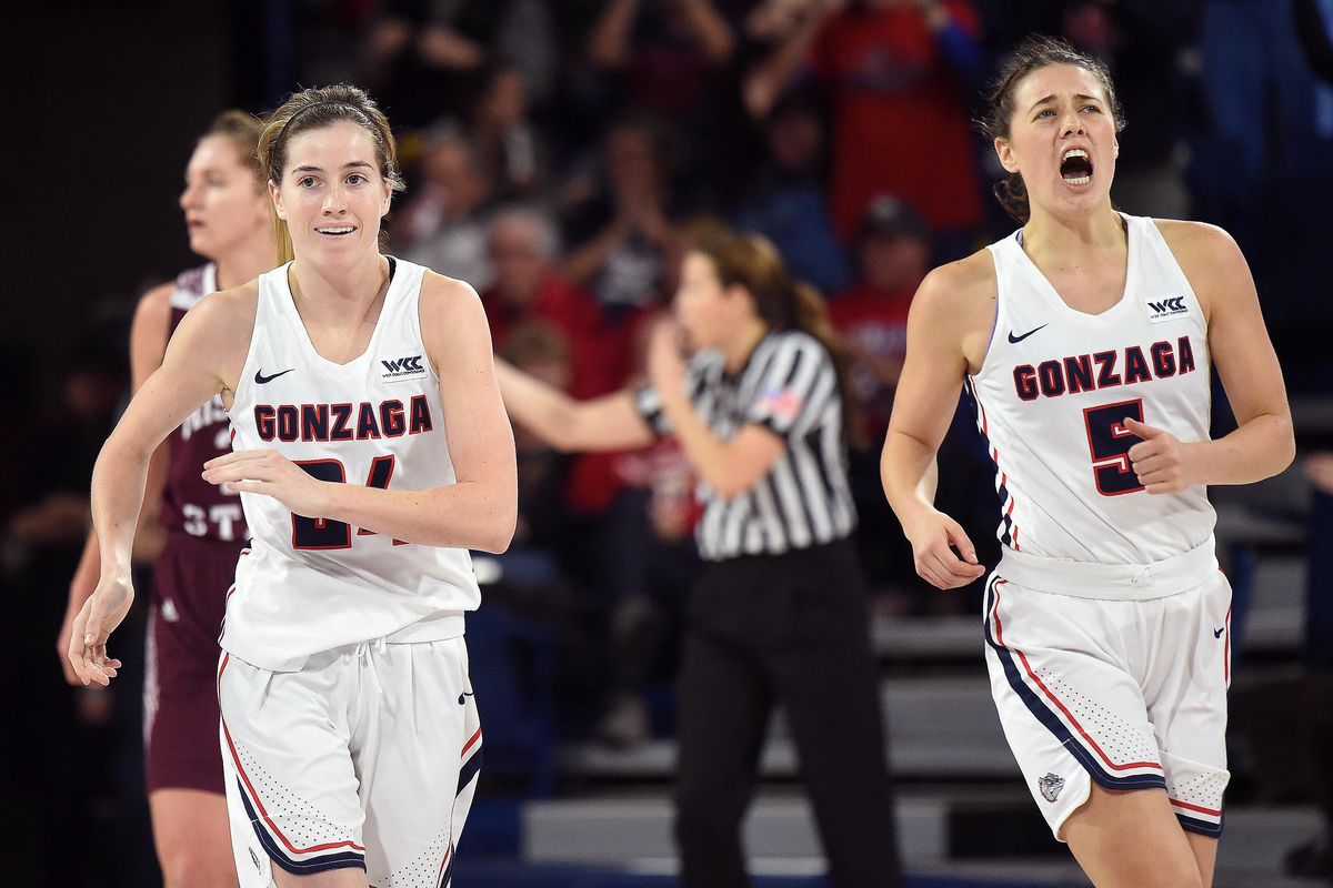 Katie Campbell, left, Louise Forsyth and the Gonzaga Bulldogs held on to their No. 17 ranking this week. (Colin Mulvany / The Spokesman-Review)