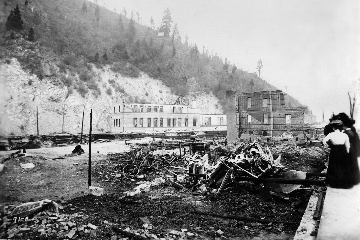Union Pacific Station in Wallace after the forest fire of Aug.  20, 1910. The station  was just finished being built.  (File)