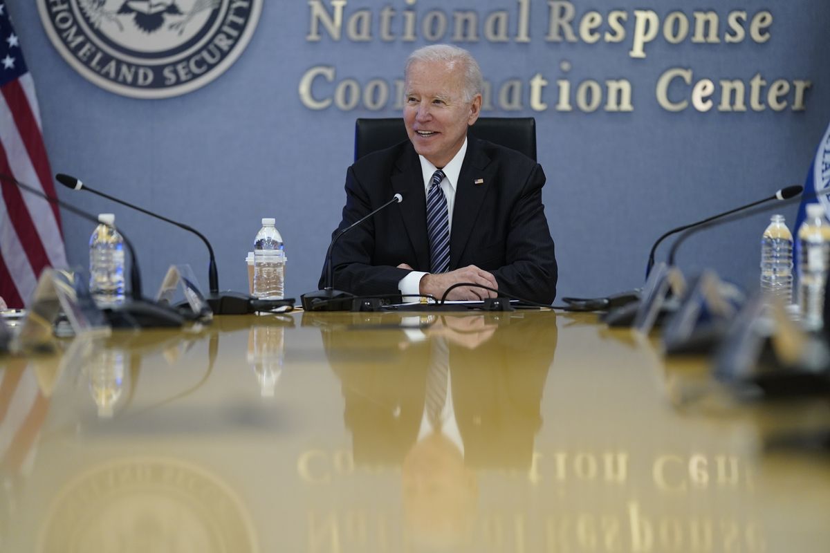 President Joe Biden participates in a briefing on the upcoming Atlantic hurricane season, at FEMA headquarters, Monday, May 24, 2021, in Washington.  (Evan Vucci)