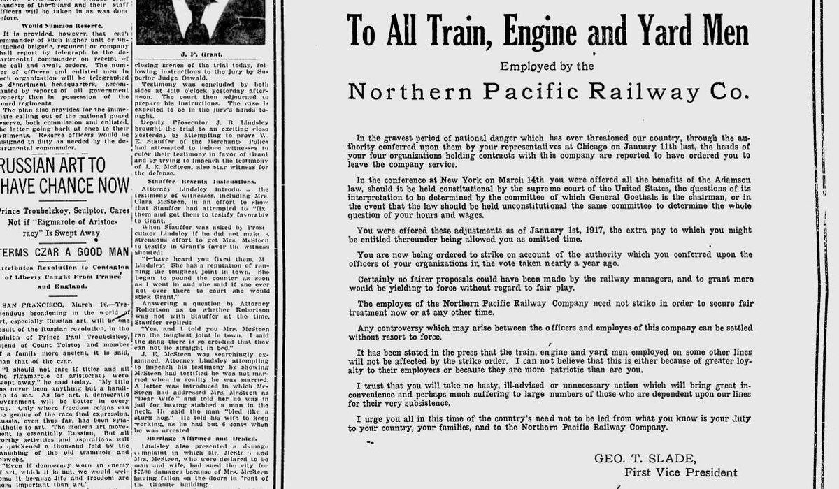 The Northern Pacific Railway took out a large “open letter” advertisement in The Spokesman-Review on March 17, 1917. It urged all “train, engine and yard men” to do “your duty to your country, your families, and to the Northern Pacific Railway Company.” (Spokesman-Review archives)