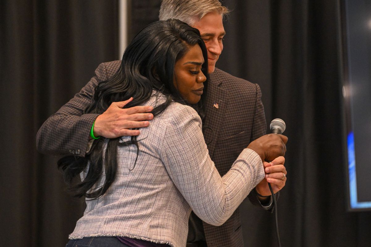 Kitara Johnson Jones shares a hug with Rep. Michael Baumgartner at an event Sunday to start Gabriel’s Challenge, an initiative to encourage people to be more present in the lives of people involved with the fentanyl crisis in Spokane. (Jesse Tinsley/THE SPOKESMAN-REVIEW)