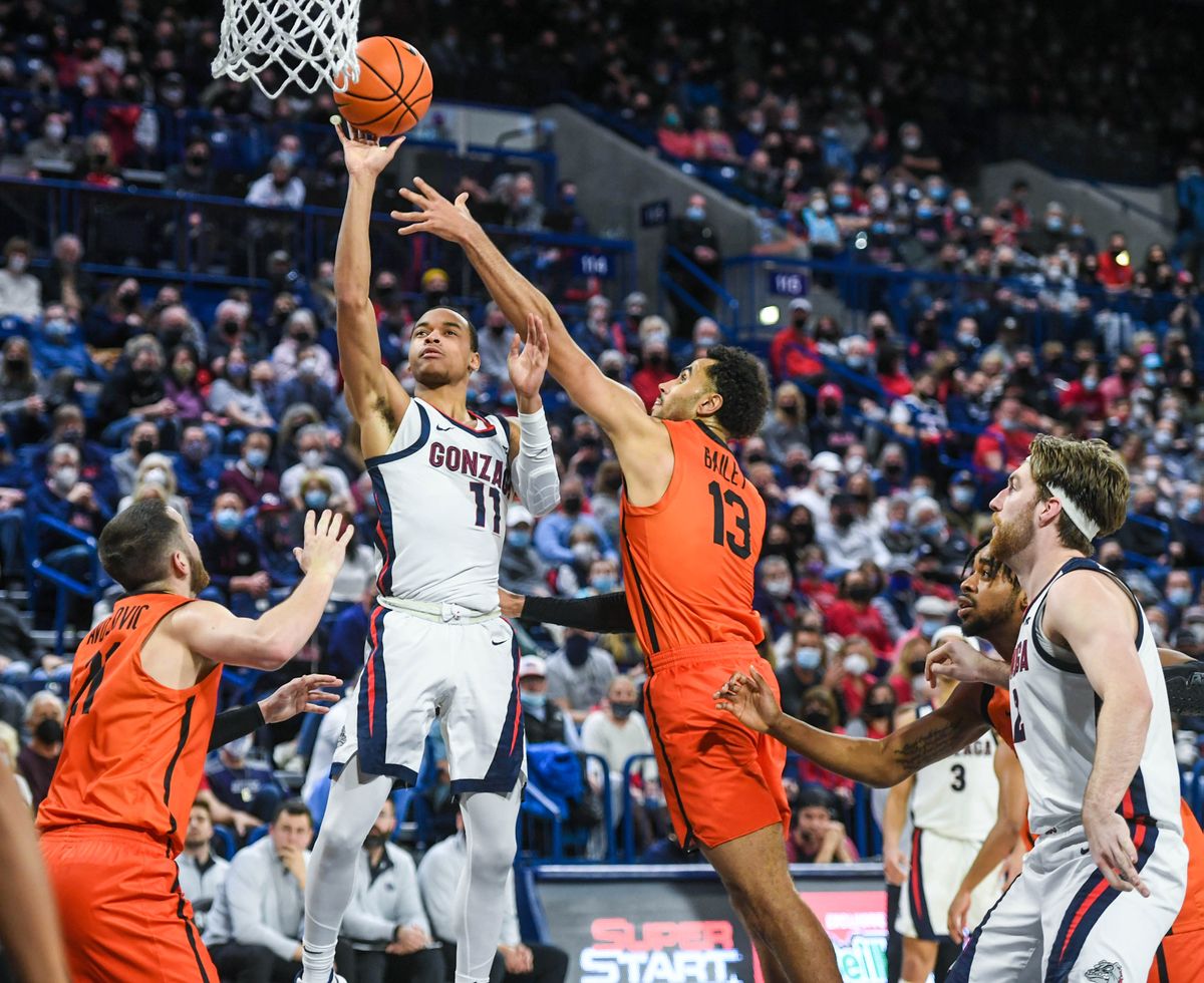 Gonzaga guard Nolan Hickman has a good look at the basket against Pacific, Thursday, Feb. 10, 2022 in the McCarthey Athletic Center.  (Dan Pelle/THE SPOKESMAN-REVIEW)