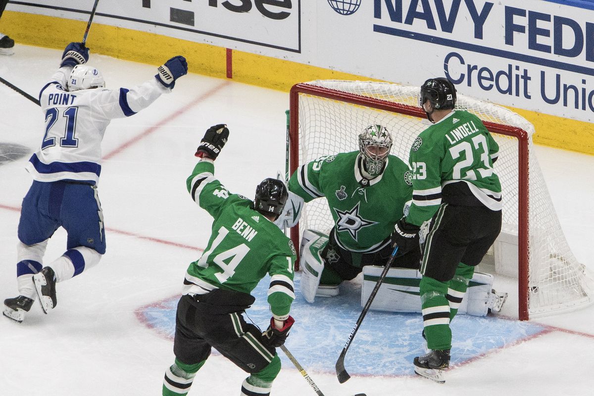 Tampa Bay Lightning center Brayden Point (21) celebrates after he scored on Dallas Stars goaltender Anton Khudobin (35) during the second period of Game 4 of the NHL hockey Stanley Cup Final, Friday, Sept. 25, 2020, in Edmonton, Alberta.  (Associated Press)