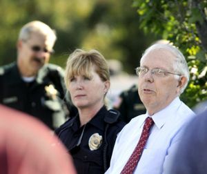 In this SR file photo, Tony Stewart, right, longtime human rights activist in Coeur d'Alene, speaks to the media alongside Sgt. Christie Wood of the Coeur d'Alene Police about racist literature and other activities at a press conference Friday, Aug. 21, 2009, near the state line. A press conference was held by law enforcement and human rights organizers to combat the recent distribution of racist flyers.