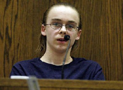 
Jake Eakin testifies in Grant County Superior Court on Friday in Ephrata, Wash., at the first-degree murder trial of Evan Savoie. Savoie is accused of killing 13-year-old Craig Sorger in 2003. 
 (Associated Press / The Spokesman-Review)