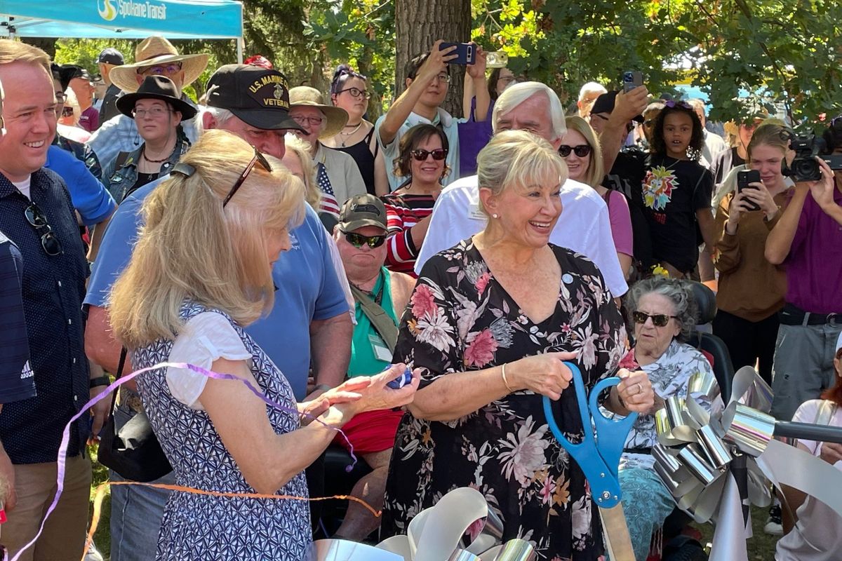 Outgoing Spokane Transit Authority CEO Susan Meyer is shown at a ribbon cutting in 2023 at the launch of the new City Line of buses in Spokane. STA has named two executives as co-CEOs as it searches for Meyer’s replacement. (Garrett Cabeza / The Spokesman-Review)