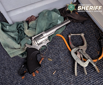 The silver revolver belonging to 70-year-old James Milstead recovered from the scene in Medical Lake. An argument between roommates, possibly over money, quickly escalated and became lethal on Sunday, Feb. 1, 2026, off South Jefferson Street. The victim is currently in serious but stable condition.  (Courtesy of Spokane County Sheriff's Office)