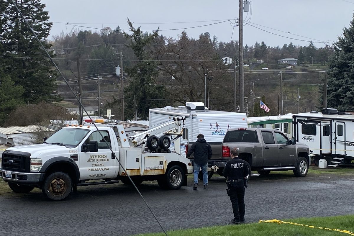 A tow truck is shown removing a woman's car from the area of the travel trailer where she was found dead in Pullman on March 27, 2024.   (Sabrina Vachris)
