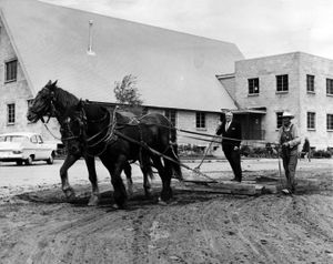 In this 1964 photo, Dr. Walter Bridge of Loma Vista Baptist Church rides leveling float as Winslow guides Charlie and Chub. (Photo Archive/ Spokesman Review)