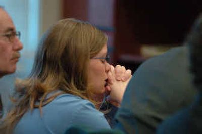 
Sarah Johnson listens to Judge Barry Wood before closing arguments in her murder trial Monday in Boise. 
 (Associated Press / The Spokesman-Review)