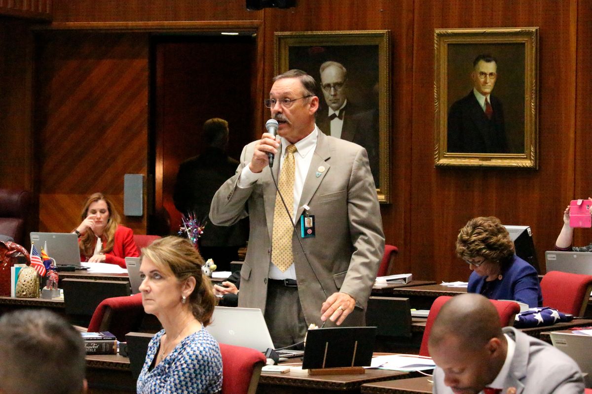 Republican Rep. Mark Finchem speaks May 2, 2018, at the Capitol in Phoenix.  (Bob Christie)