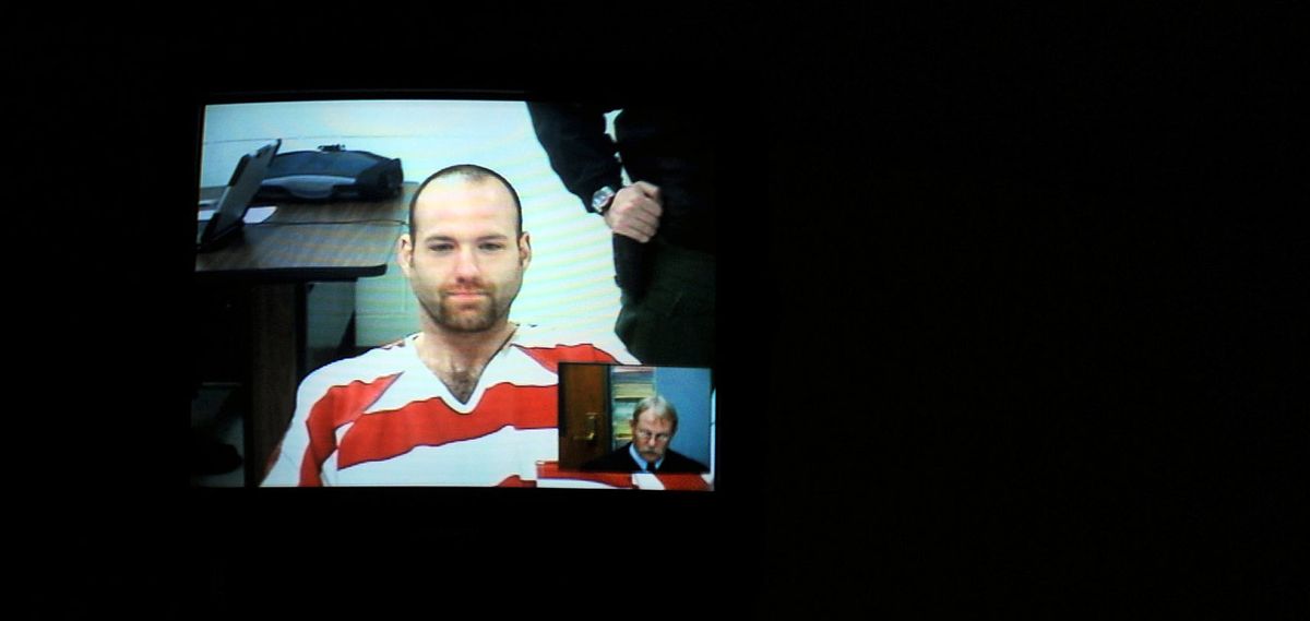 Mark Maykopet appears via video in front of Judge Scott Wayman at Kootenai County Jail on Tuesday. (Kathy Plonka)