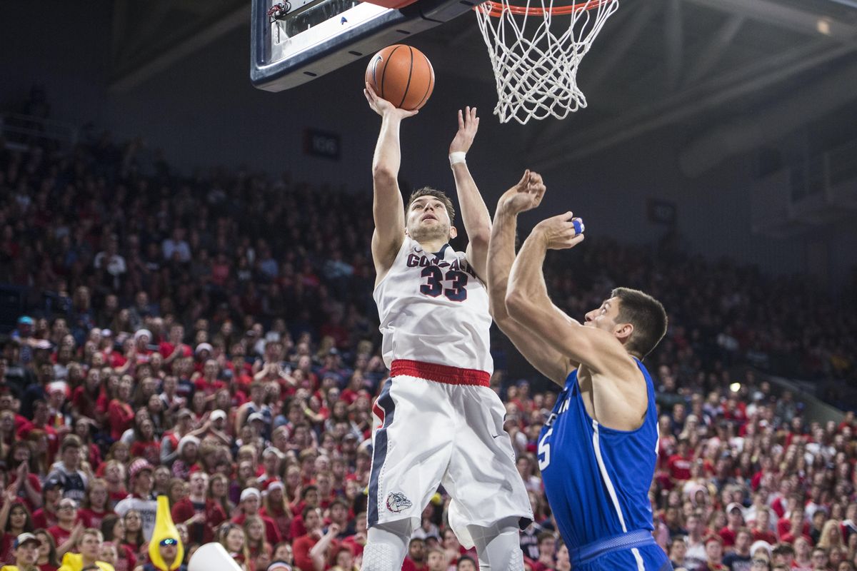 Gonzaga forward Killian Tillie shoots over Creighton forward Martin Krampelj , Friday, Dec. 1, 2017, in the McCarthey Athletic Center. (Dan Pelle / The Spokesman-Review)