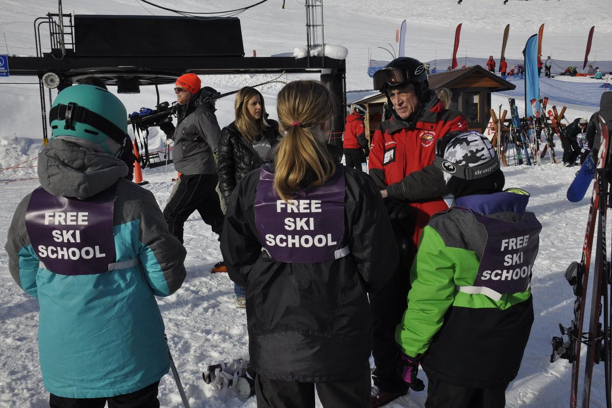 Volunteer instructors, parents and kids assemble for a Saturday session of the Free Ski School at Lookout Pass. (Rich Landers / The Spokesman-Review)