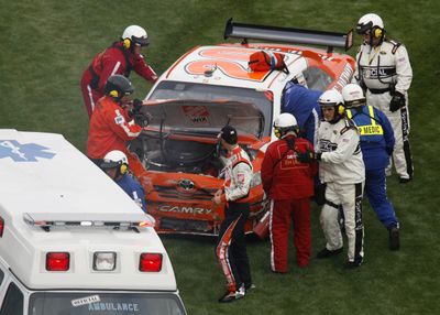 Associated Press Joey Logano crashed out of the race on lap 80 after getting tangled up with two other cars. (Associated Press / The Spokesman-Review)