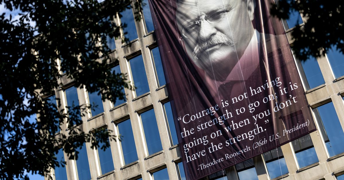 The quote attributed to Roosevelt on a giant D.C. banner is probably a misquote
