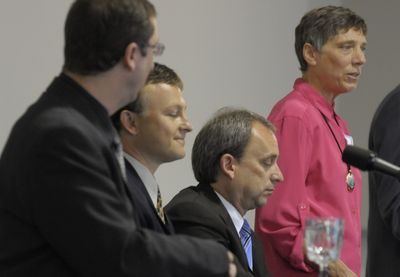 Todd Mielke and Kim Thorburn participate in a candidate forum for business leaders last month.  (File / The Spokesman-Review)