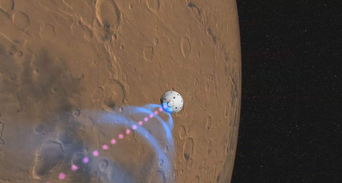 This artist’s rendering released Sunday shows how the Curiosity rover will communicate during landing. As the rover descends, it will send basic radio-frequency tones directly to Earth (dots) and more complex UHF radio data (circles) that require relaying by orbiters. NASA’s Odyssey orbiter will relay the UHF signal immediately to Earth, while NASA’s Mars Reconnaissance Orbiter will record the UHF data and play it back to Earth at a later time.