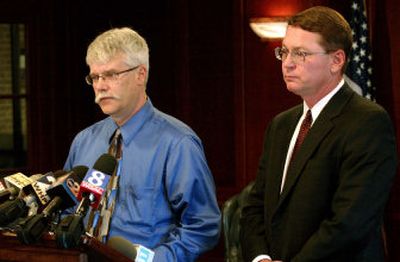 
Rick Harrison, left,  and Lancaster County, Pa., District Attorney Don Totaro on Tuesday discuss  911 calls made the day of the Amish school shootings. Transcripts of the calls were released Tuesday. 
 (Associated Press / The Spokesman-Review)