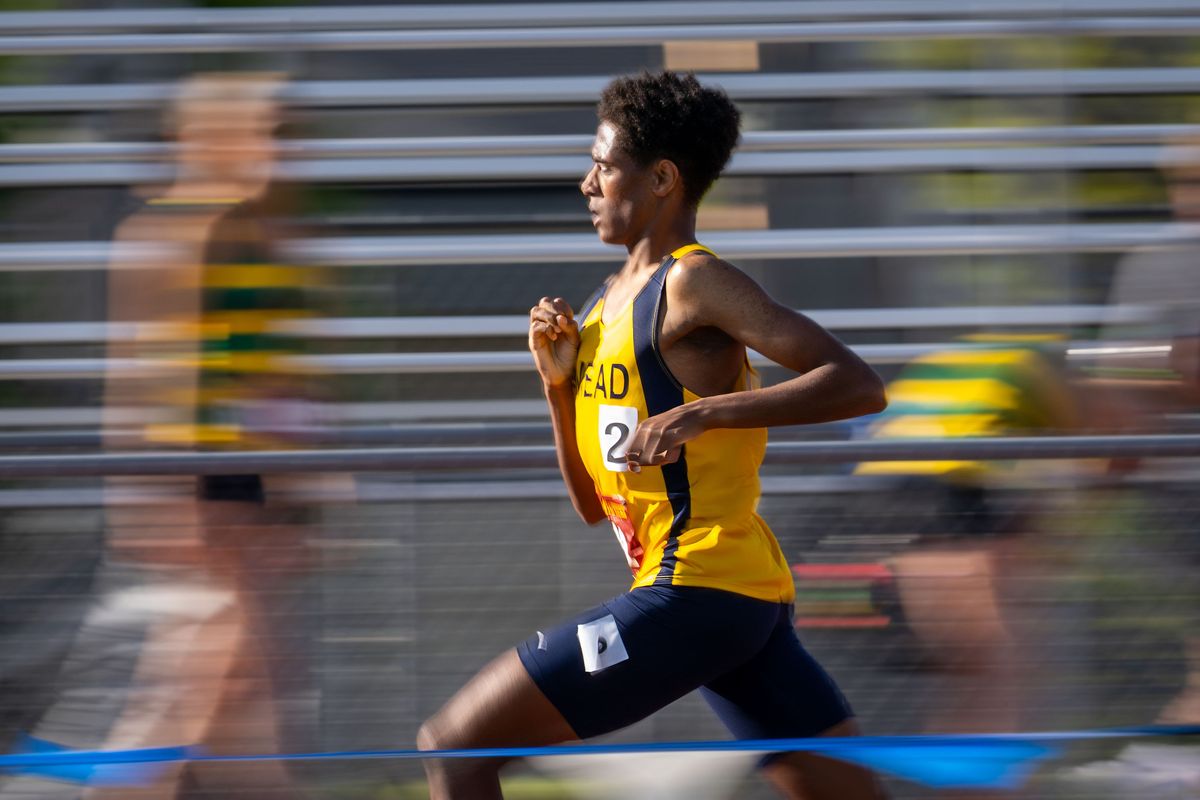 Mead’s Stejer Franklin wins the Boys 4A 1600 Meter final, during the 3A/4A track and Field District 6 Championships, Friday, May 22, 2026, at Central Valley High School.  (Colin Mulvany/The Spokesman-Review)