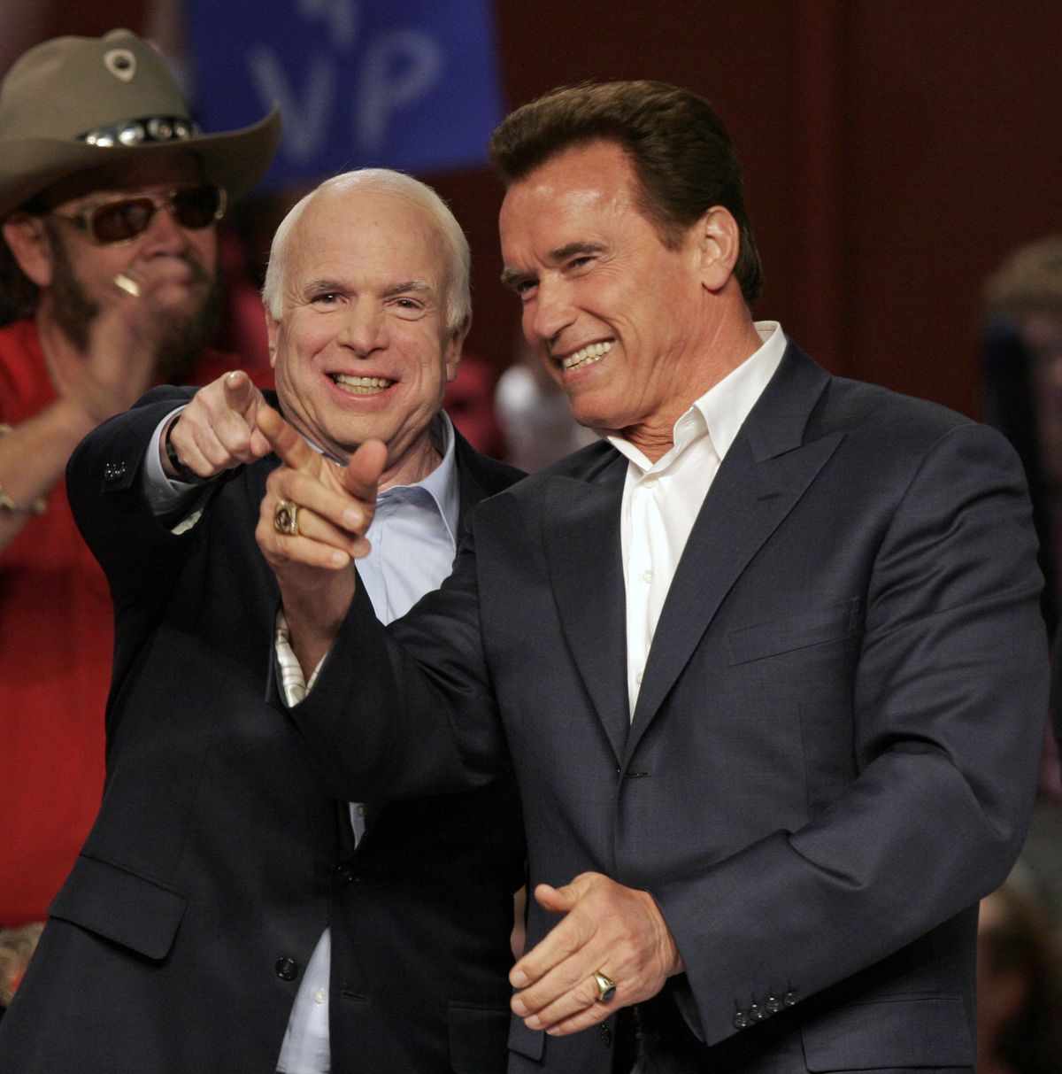 Republican presidential candidate Sen. John McCain and California Gov. Arnold Schwarzenegger enjoy a rally Friday at the Nationwide Arena in Columbus, Ohio.  (Associated Press / The Spokesman-Review)